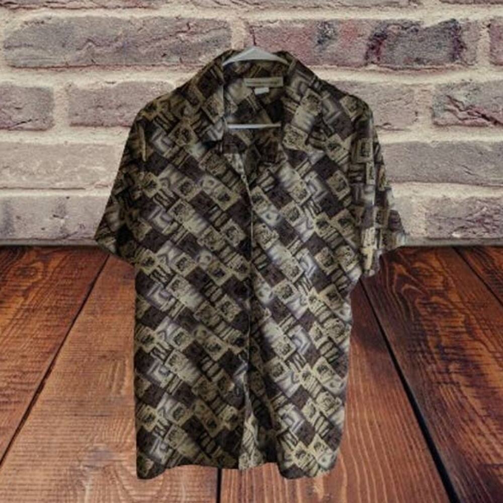 Fundamental Things M vintage button down short sleeve brown, tan woman's top.